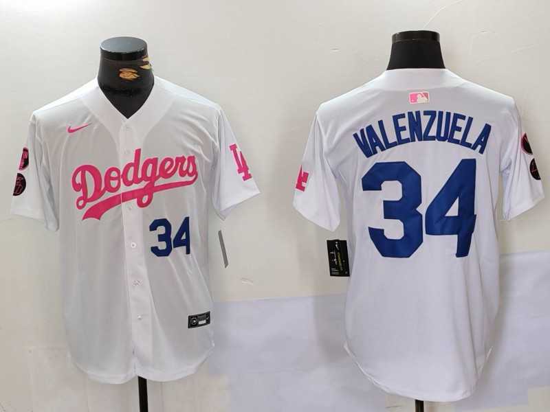 Mens Los Angeles Dodgers #34 Fernando Valenzuela White Pink Vin & Kobe Patch Stitched Baseball Jerseys